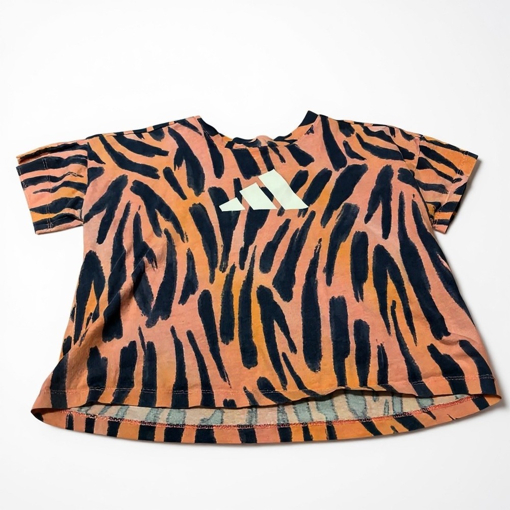 Adidas Kids Girls Pink Blue Tiger Print Short Sleeve T Shirt Top Size M 10 12